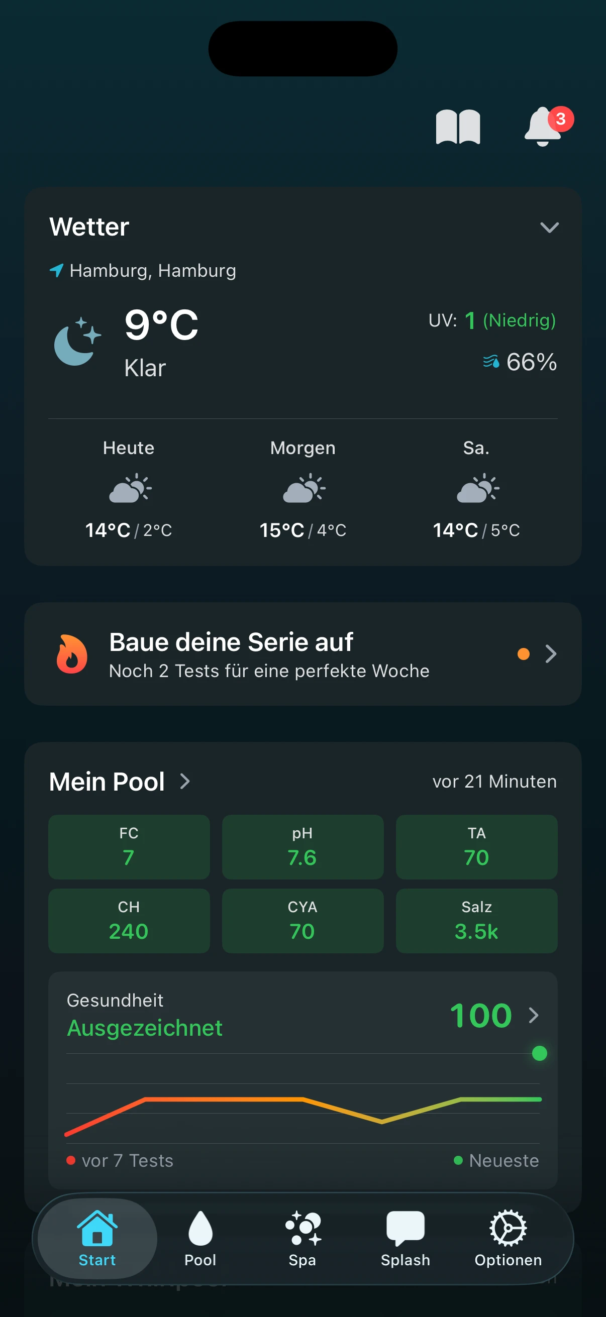 PoolFu Startbildschirm zeigt Testserie, Wettervorhersage und Poolchemie-Zusammenfassung mit Gesundheitsbewertung
