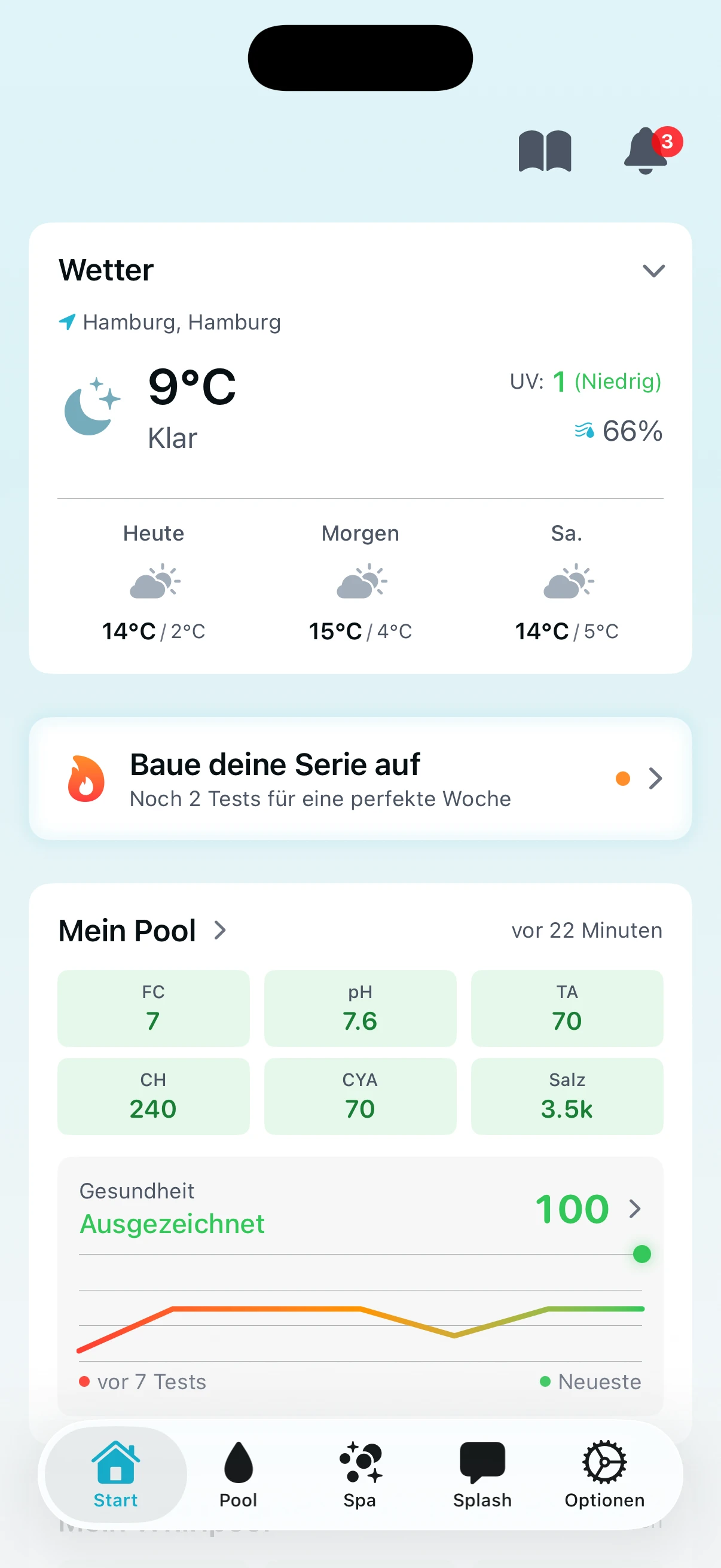 PoolFu Startbildschirm zeigt Testserie, Wettervorhersage und Poolchemie-Zusammenfassung mit Gesundheitsbewertung