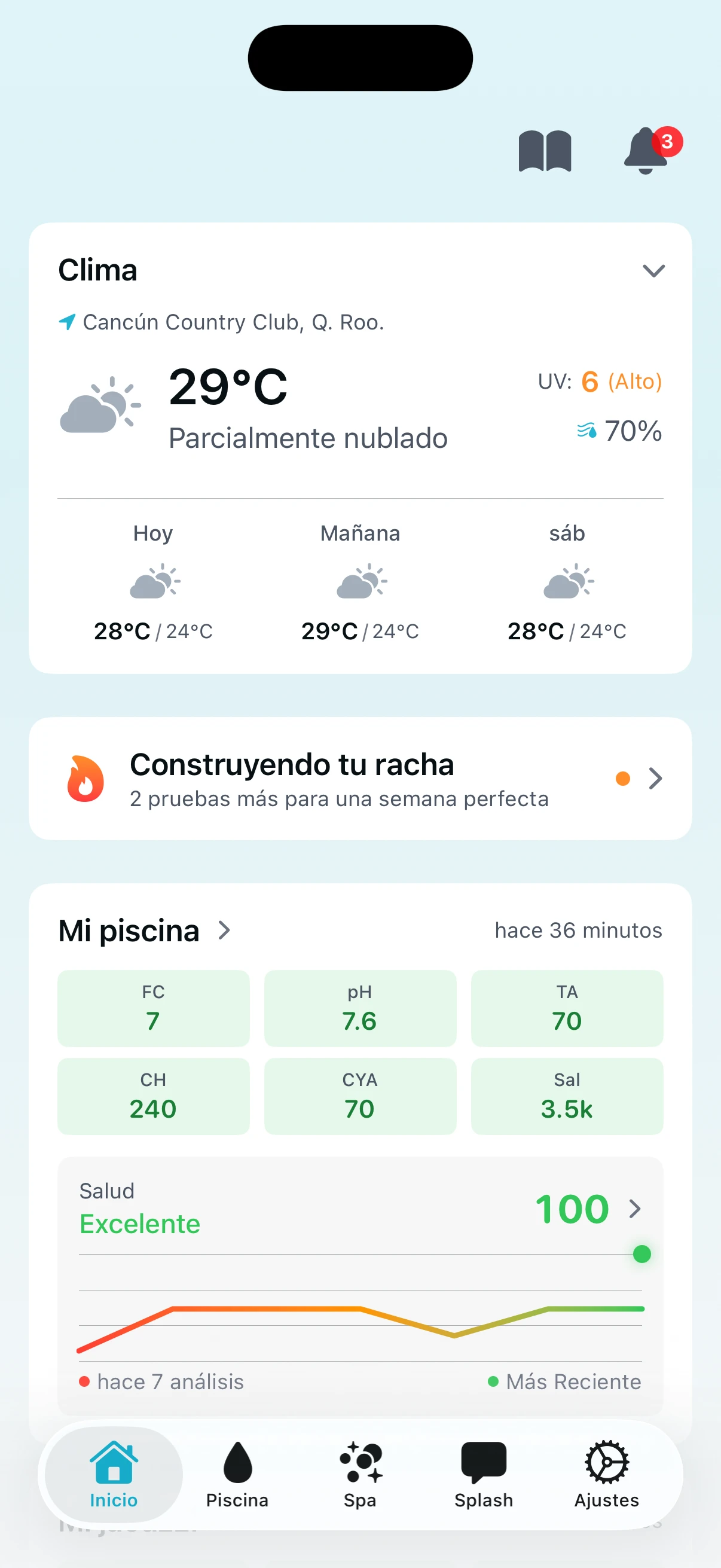 Panel de inicio de PoolFu mostrando racha de pruebas, pronóstico del tiempo y resumen de química de piscina con puntuación de salud