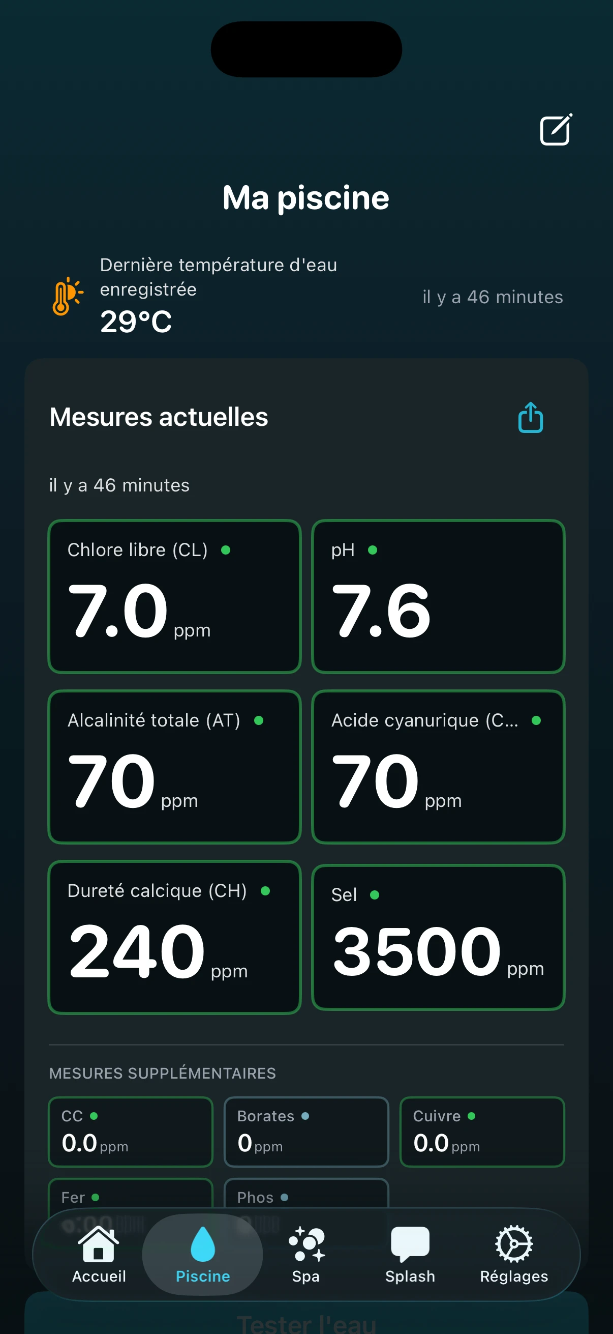 Écran de détail de piscine PoolFu montrant les lectures chimiques actuelles pour le chlore, le pH, l'alcalinité et plus