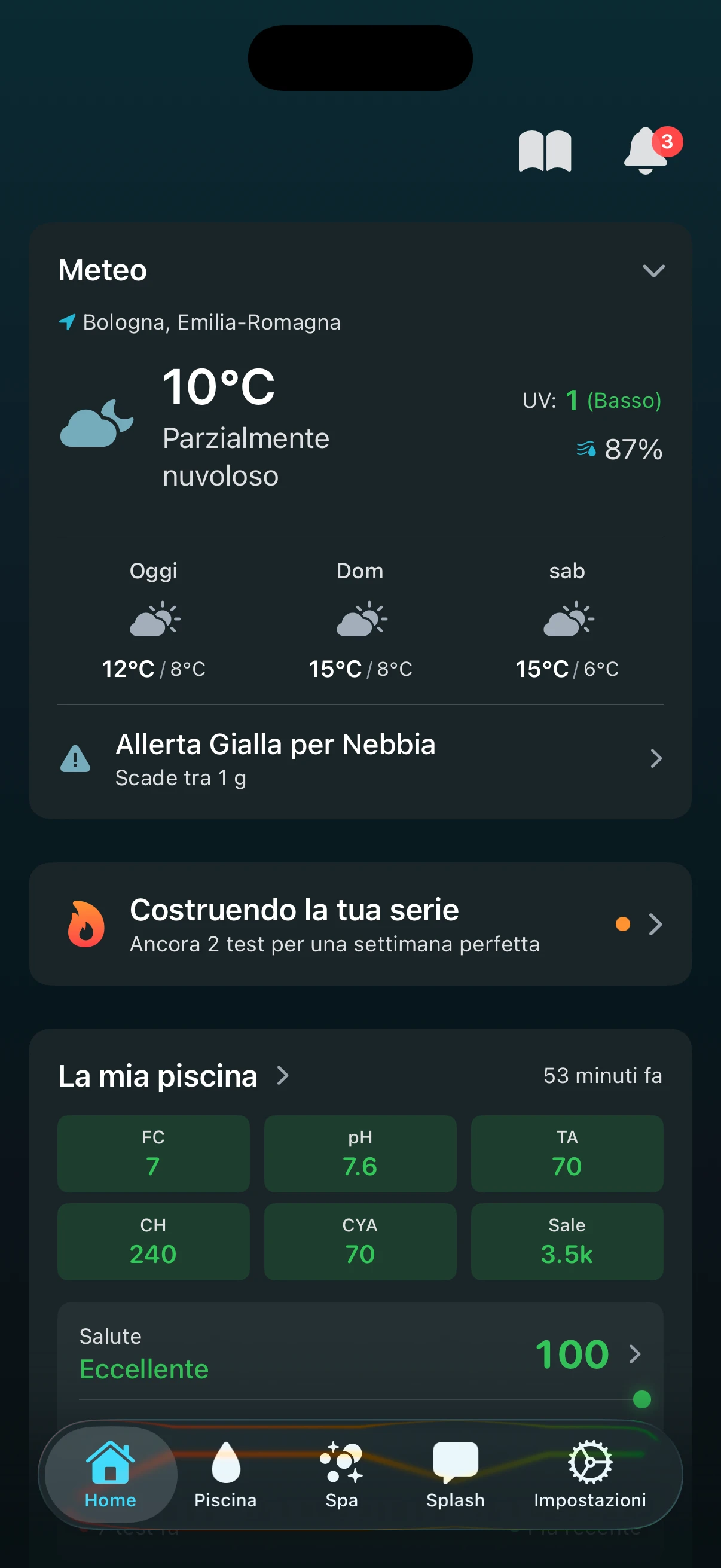 Dashboard home PoolFu che mostra serie di test, previsioni meteo e riepilogo chimica piscina con punteggio salute