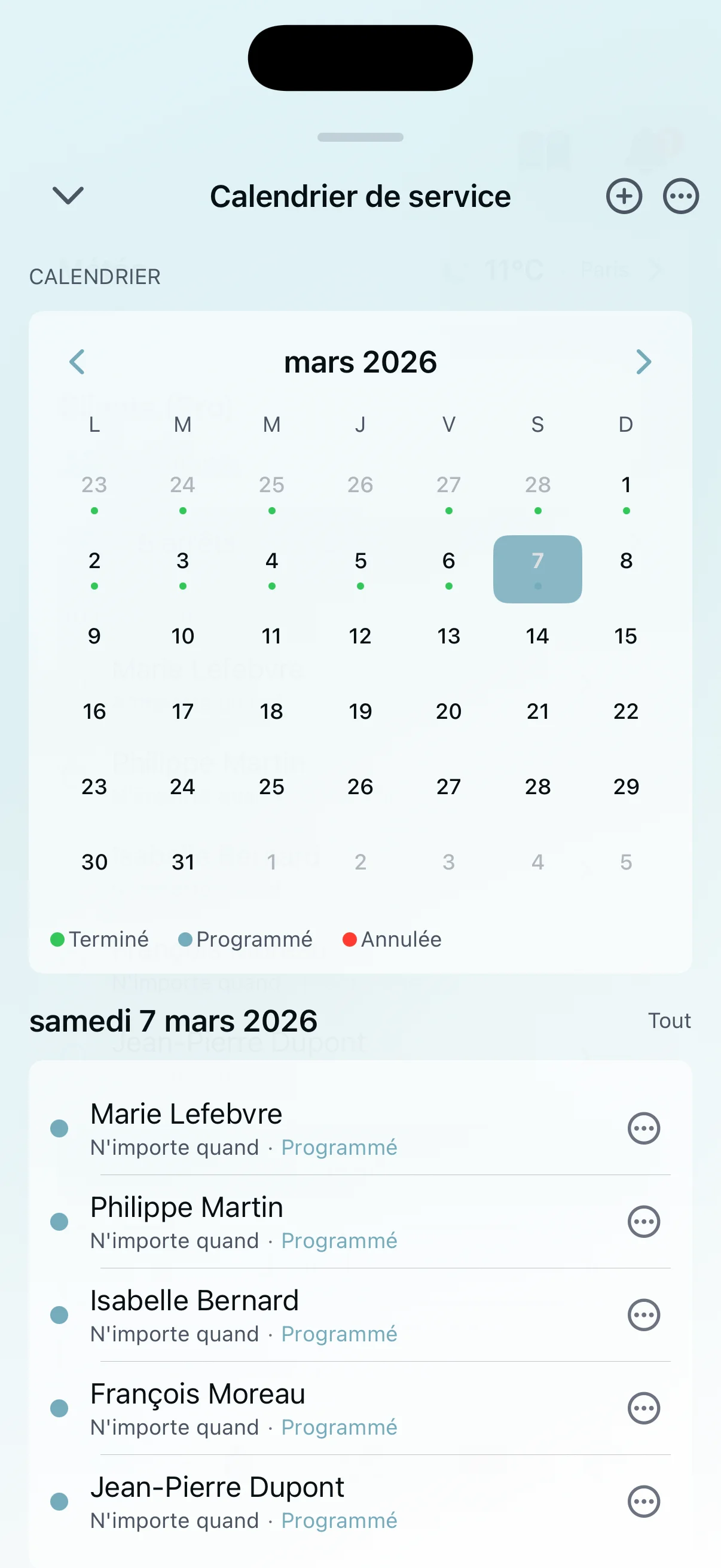 Calendrier de planification de services