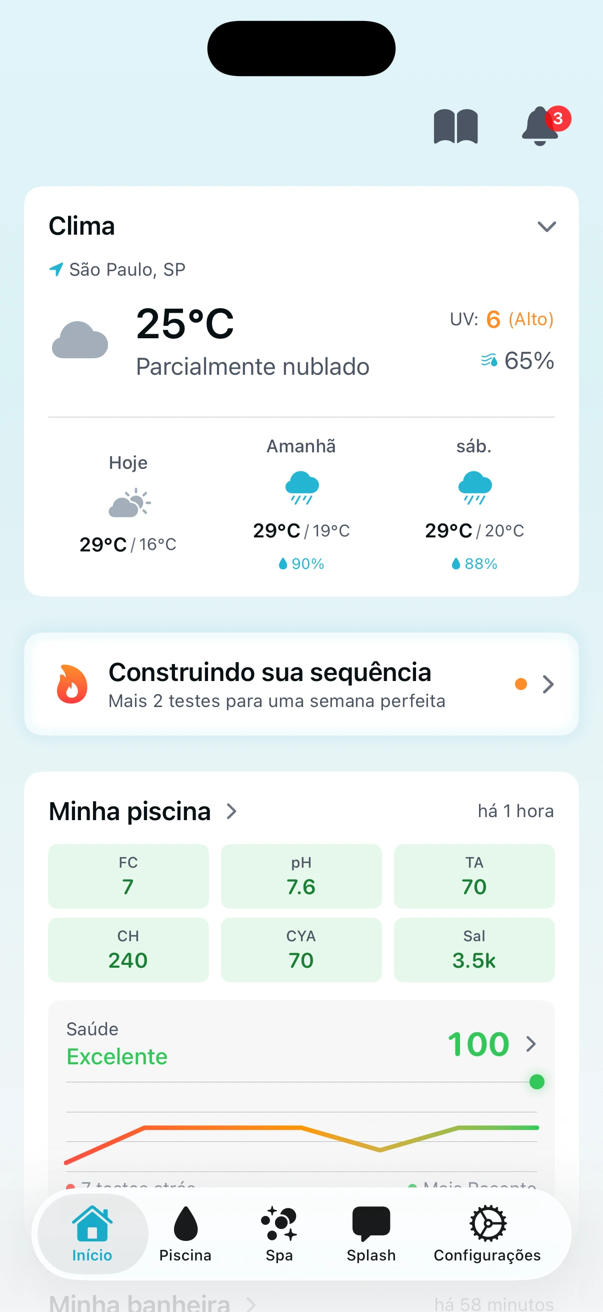 Painel inicial do PoolFu mostrando sequência de testes, previsão do tempo e resumo de química da piscina com pontuação de saúde