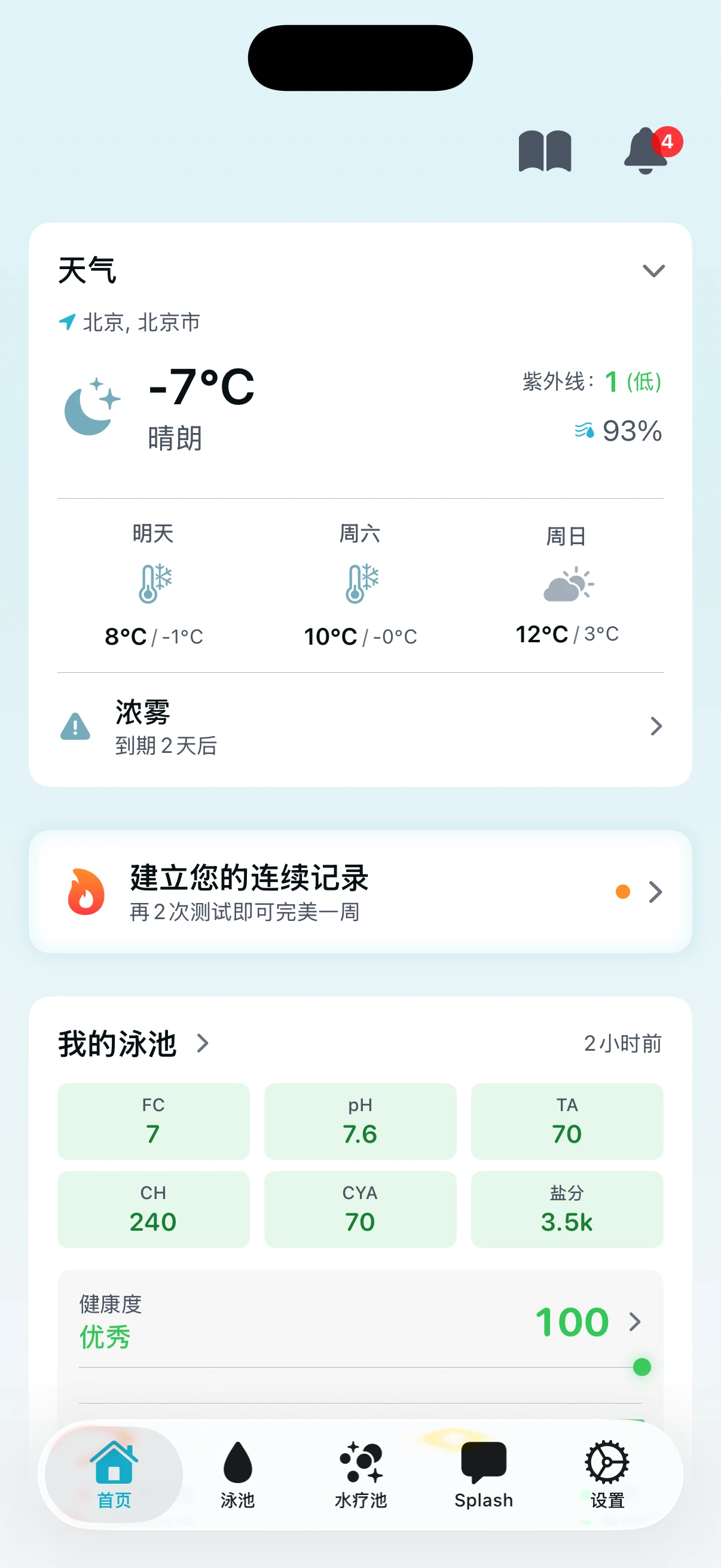 PoolFu 主屏幕，显示测试连续天数、天气预报和泳池健康评分